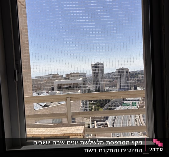 התקנת רשת נגד יונים בחלון המשקיף לנוף עירוני